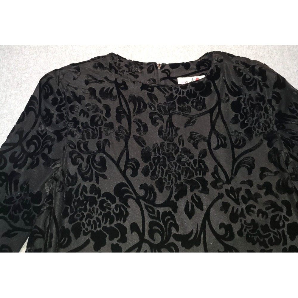 Vintage Caron Velvet Embossed Top Blouse Womens Black Sz 14 Lined Sheer Sleeves - Picture 3 of 14